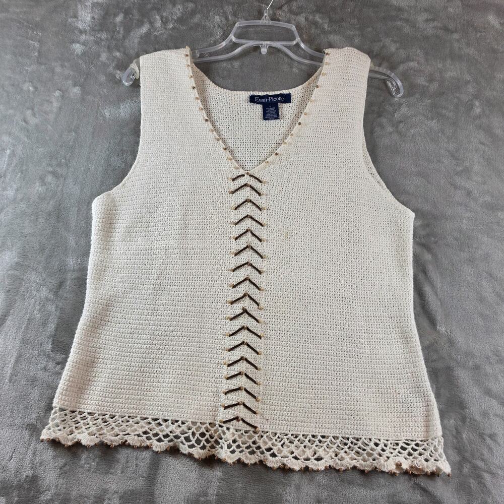 Evan Picone Womens Large Crochet Knit Tank Top Ivory Boho Lace Trim Sleeveless